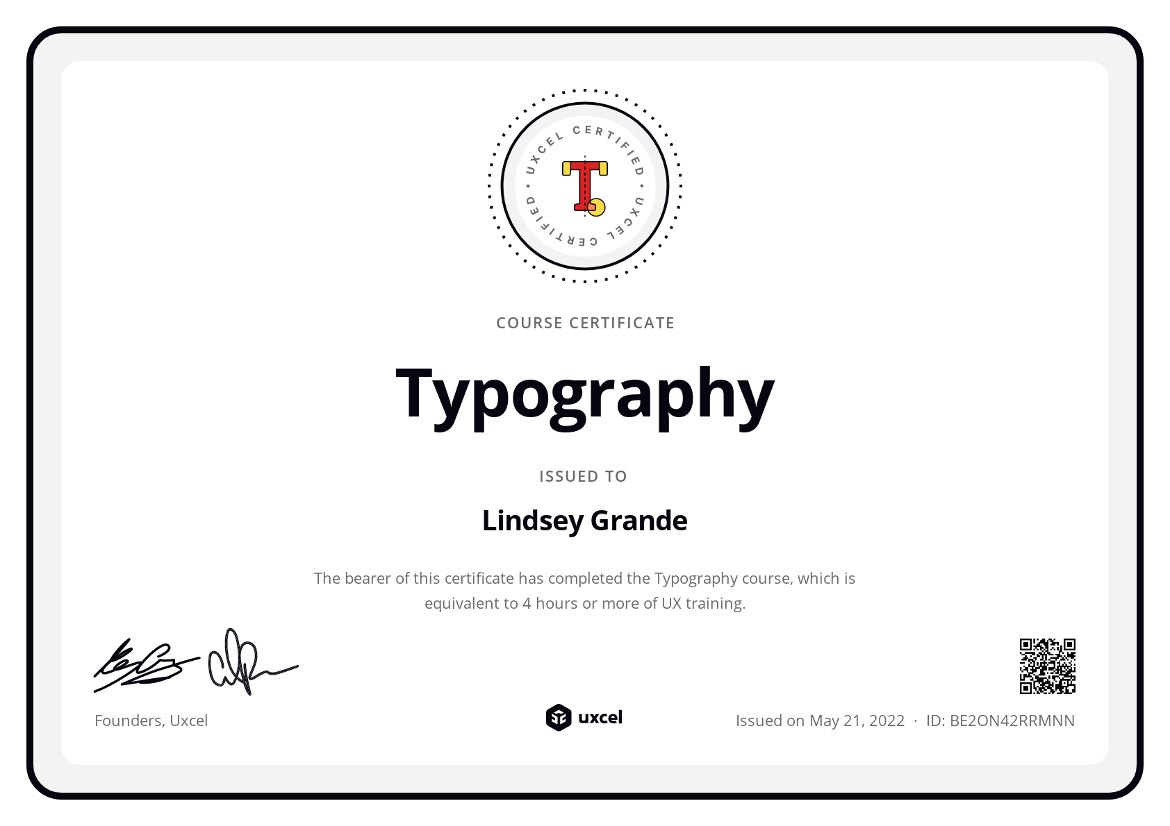 Lindsey Grande's certificate